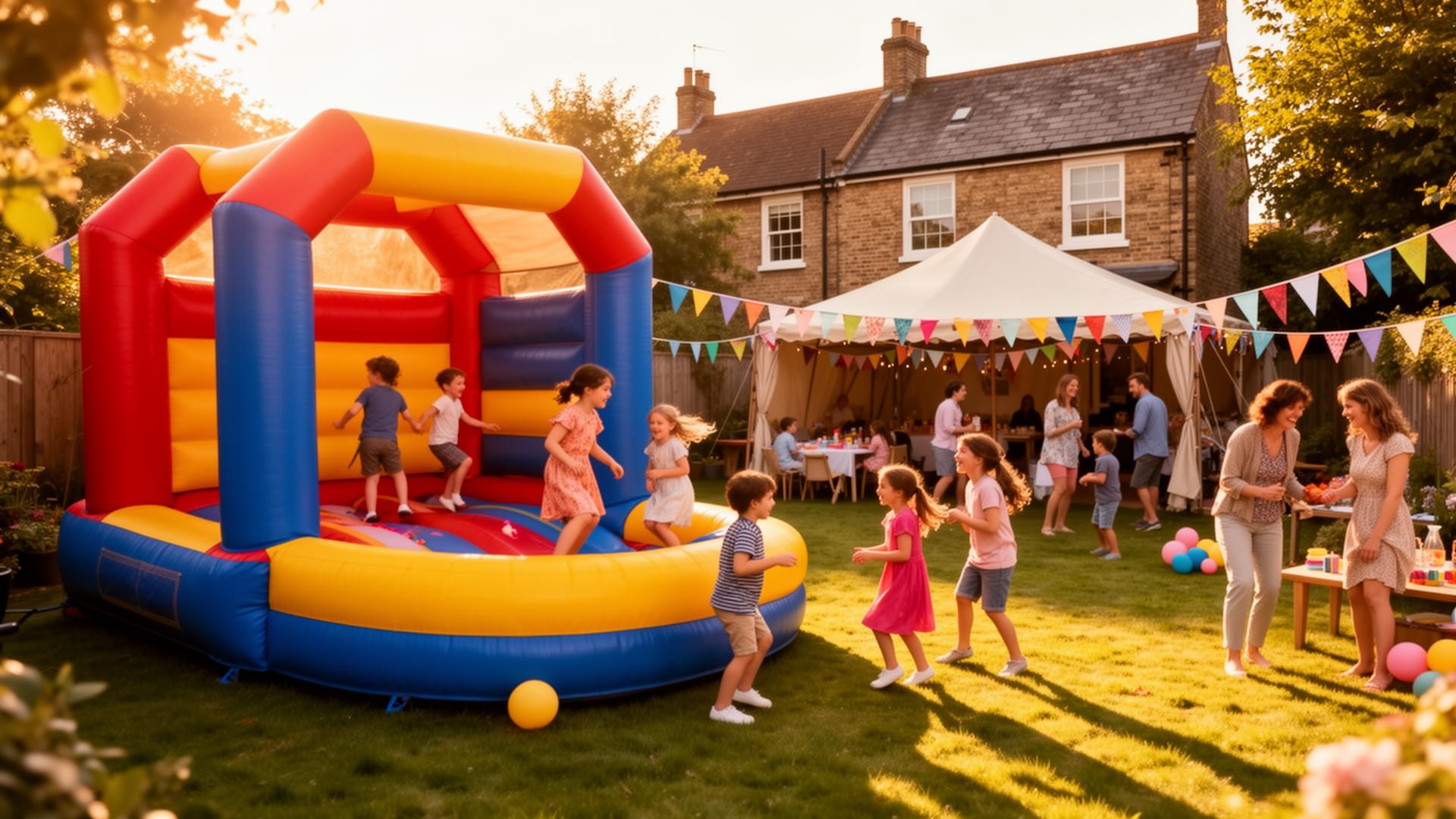 Children bouncing on a colourful bouncy castle at a Coventry garden party